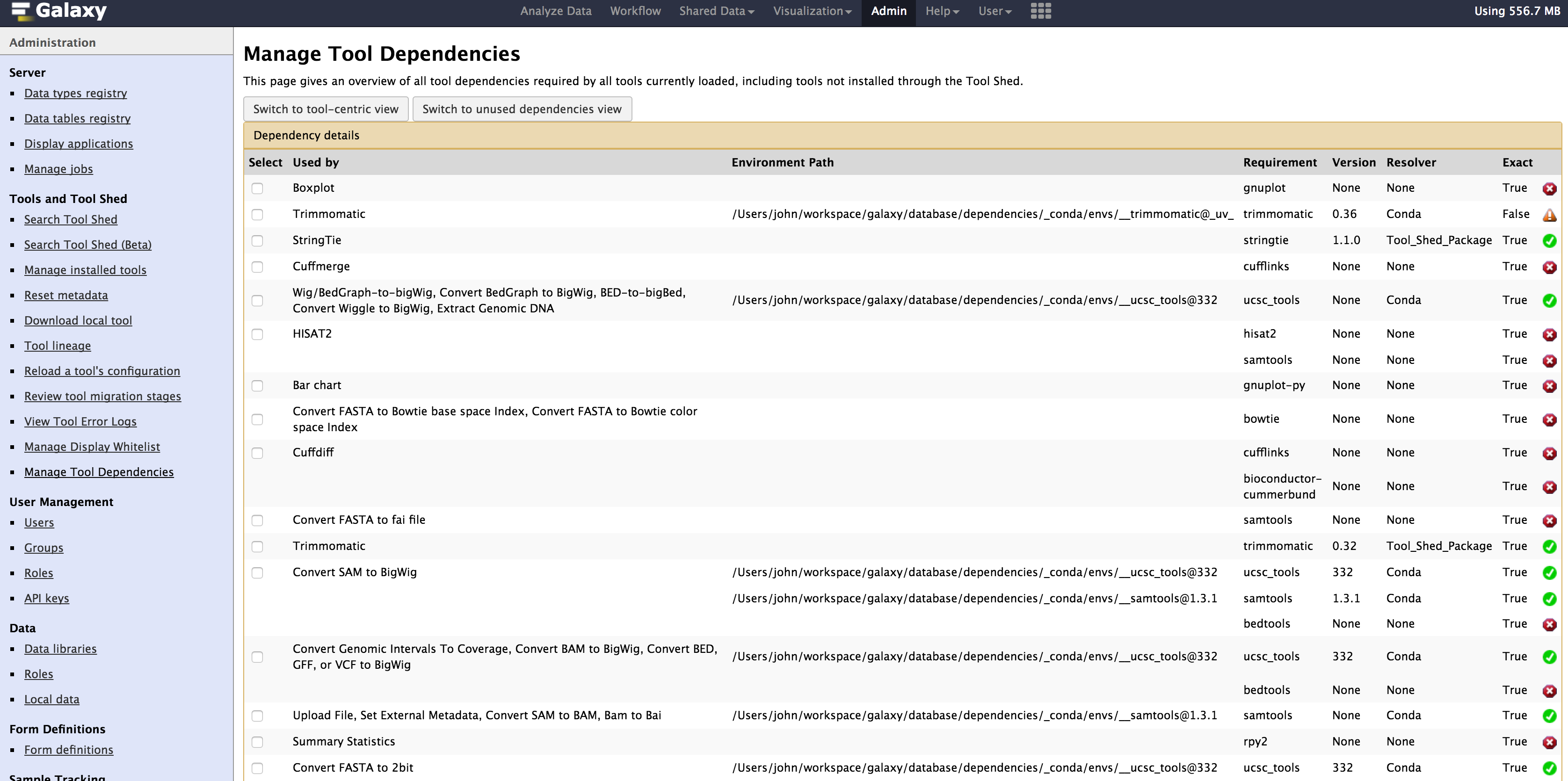 Screenshot of the galaxy page for managing tool dependencies